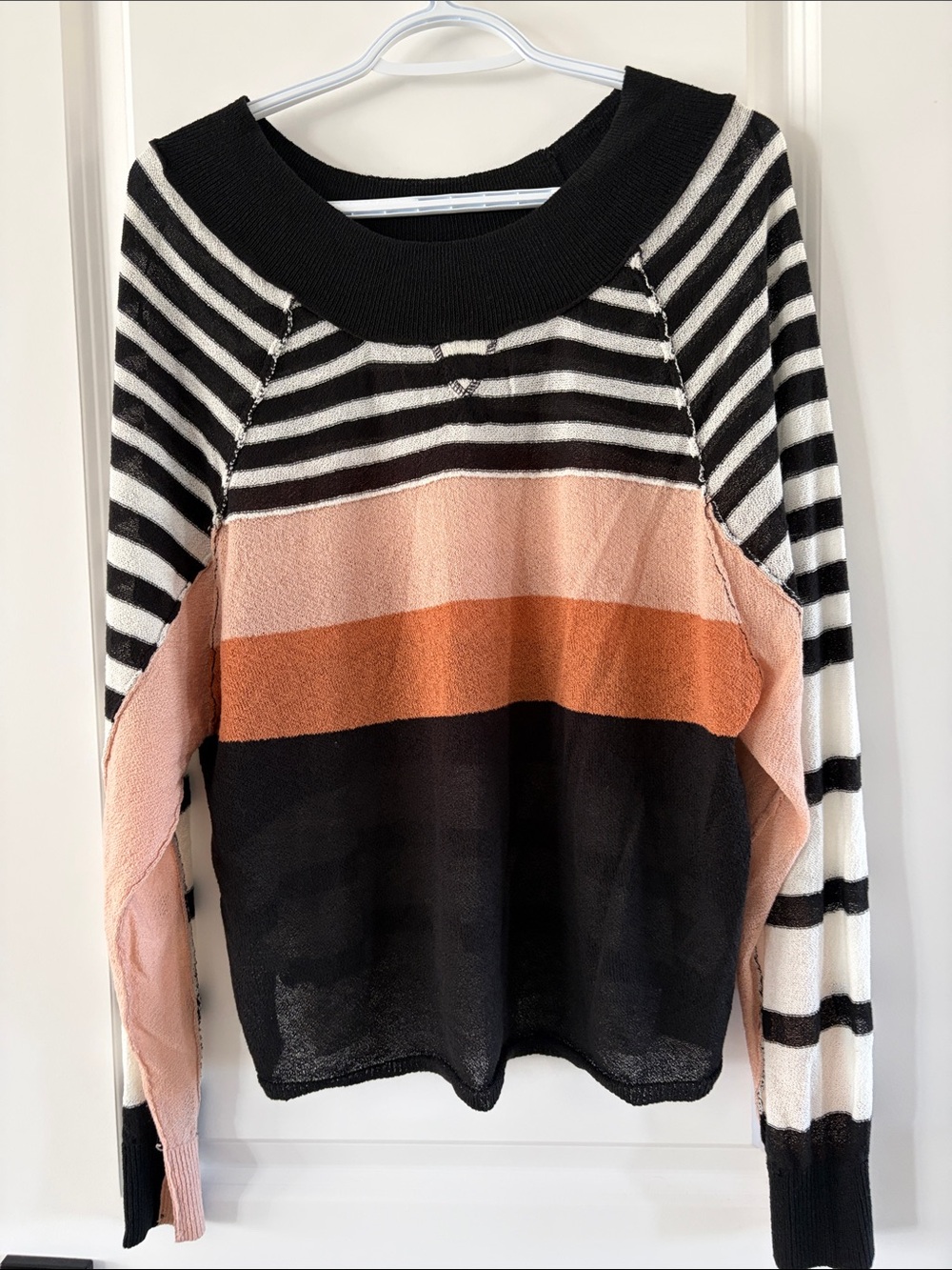 Striped Colorblock Crewneck Sweater in Black, Pink & Rust